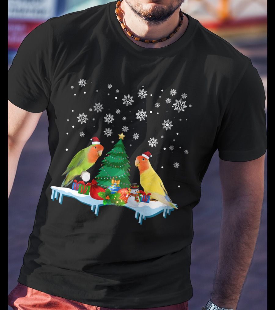 Lovebird Merry Christmas Snowflakes Tree Santa Hats T-Shirt