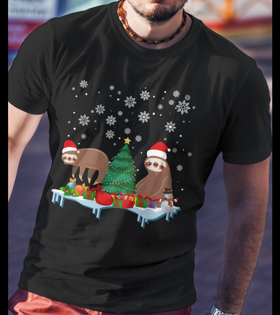 Sloth Merry Christmas Snowflakes Santa Hat Gifts Tree T-Shirt