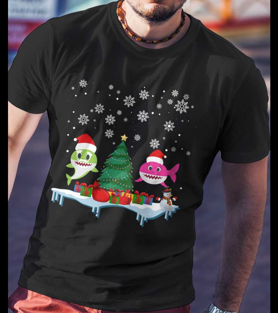 Baby Shark Merry Christmas Tree Snowflakes Santa Hats Gifts T-Shirt