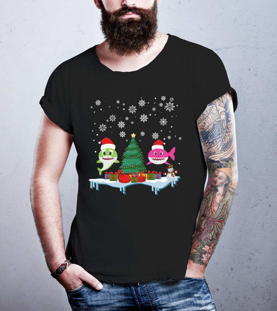 Baby Shark Merry Christmas Tree Snowflakes Santa Hats Gifts T-Shirt