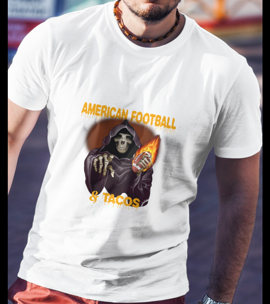 American Football And Tacos Skeleton Holding Flaming Football T-Shirt