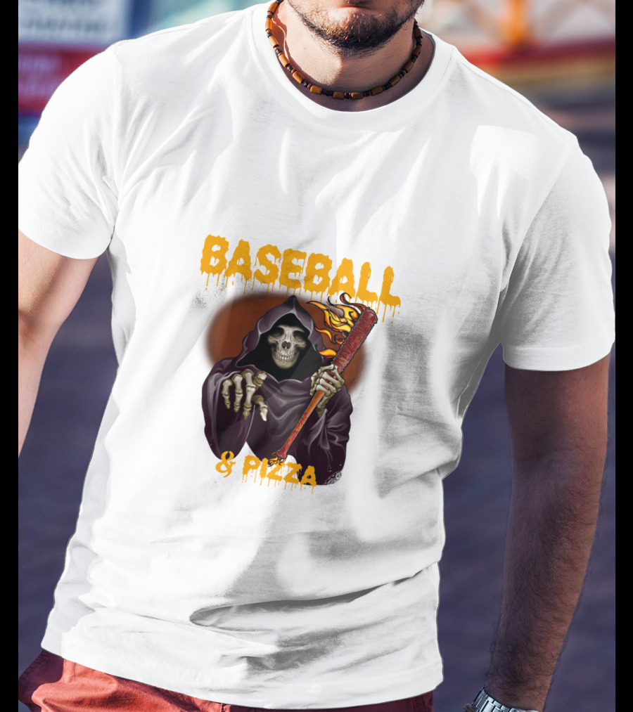 Grim Reaper With Flaming Baseball Bat Celebrates Baseball And Pizza T-Shirt