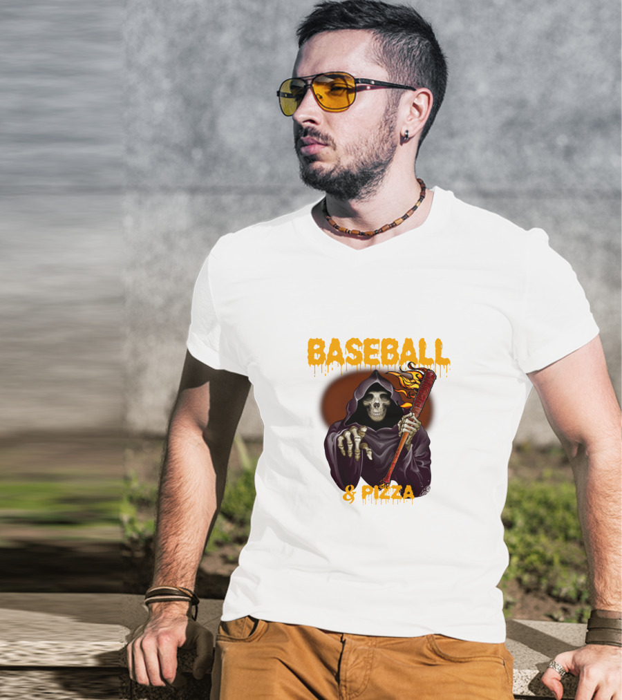 Grim Reaper With Flaming Baseball Bat Celebrates Baseball And Pizza T-Shirt