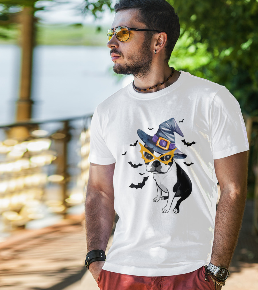 Boston Terrier Wears Witch Hat And Mask With Bats T-Shirt