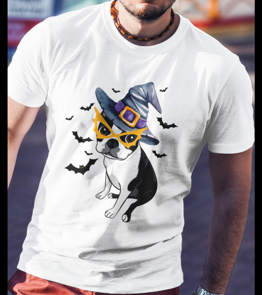 Boston Terrier Wears Witch Hat And Mask With Bats T-Shirt
