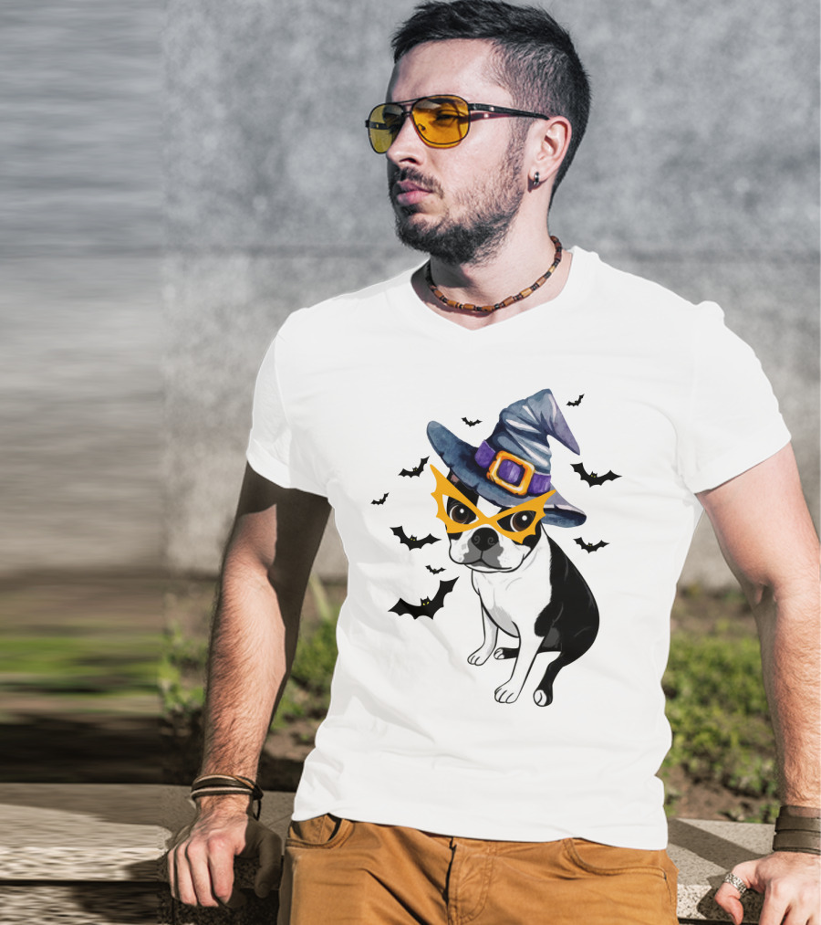 Boston Terrier Wears Witch Hat And Mask With Bats T-Shirt