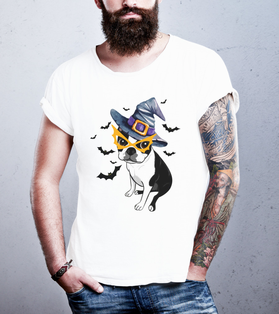 Boston Terrier Wears Witch Hat And Mask With Bats T-Shirt