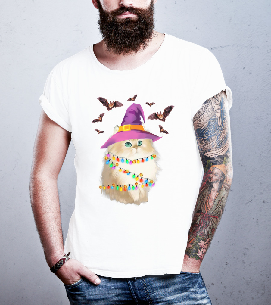 Fluffy Cat In Witch Hat With Halloween Bats And Colorful Christmas Lights T-Shirt