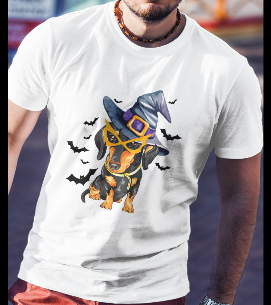 Dachshund Wears Witch Hat And Glasses Surrounded By Bats T-Shirt