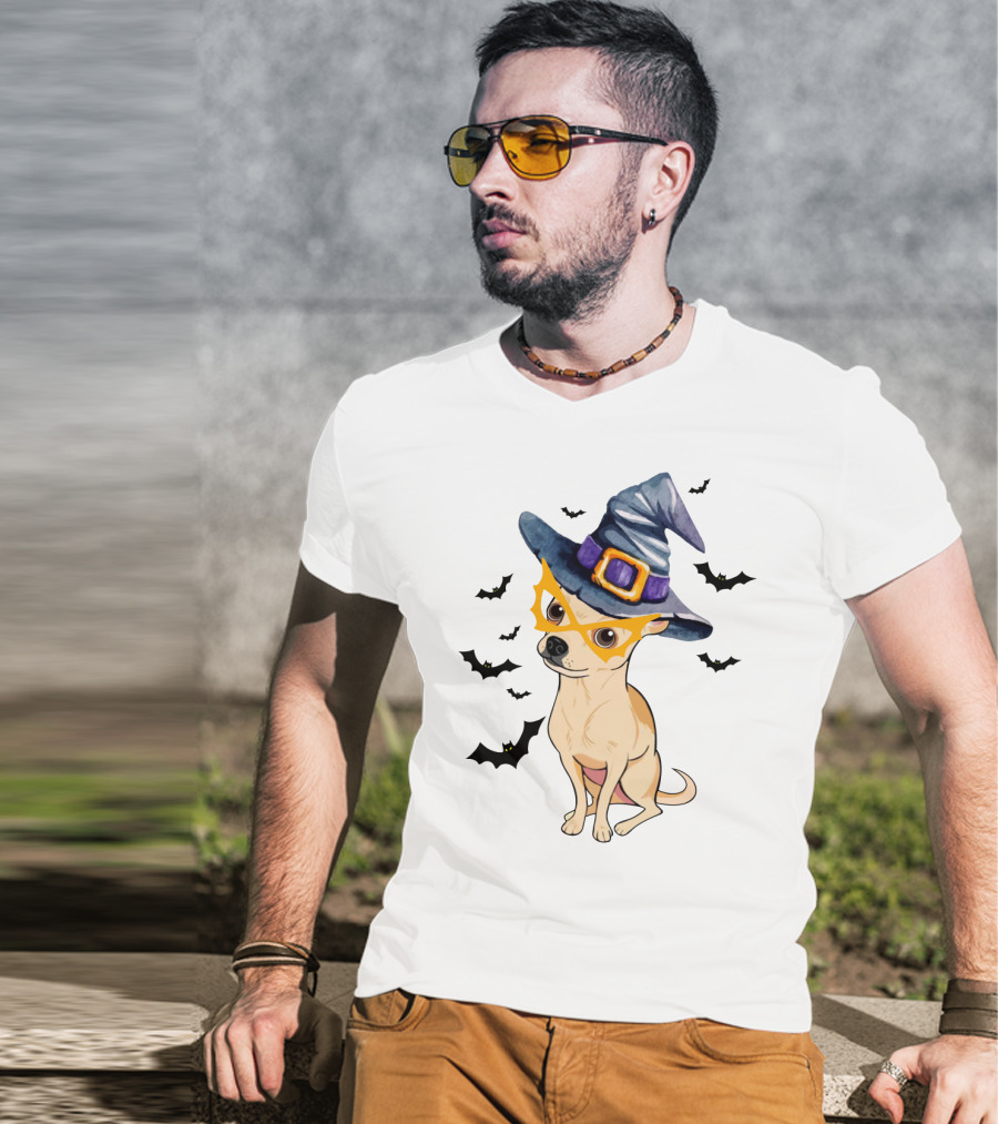 Chihuahua In Witch Hat With Halloween Bats T-Shirt