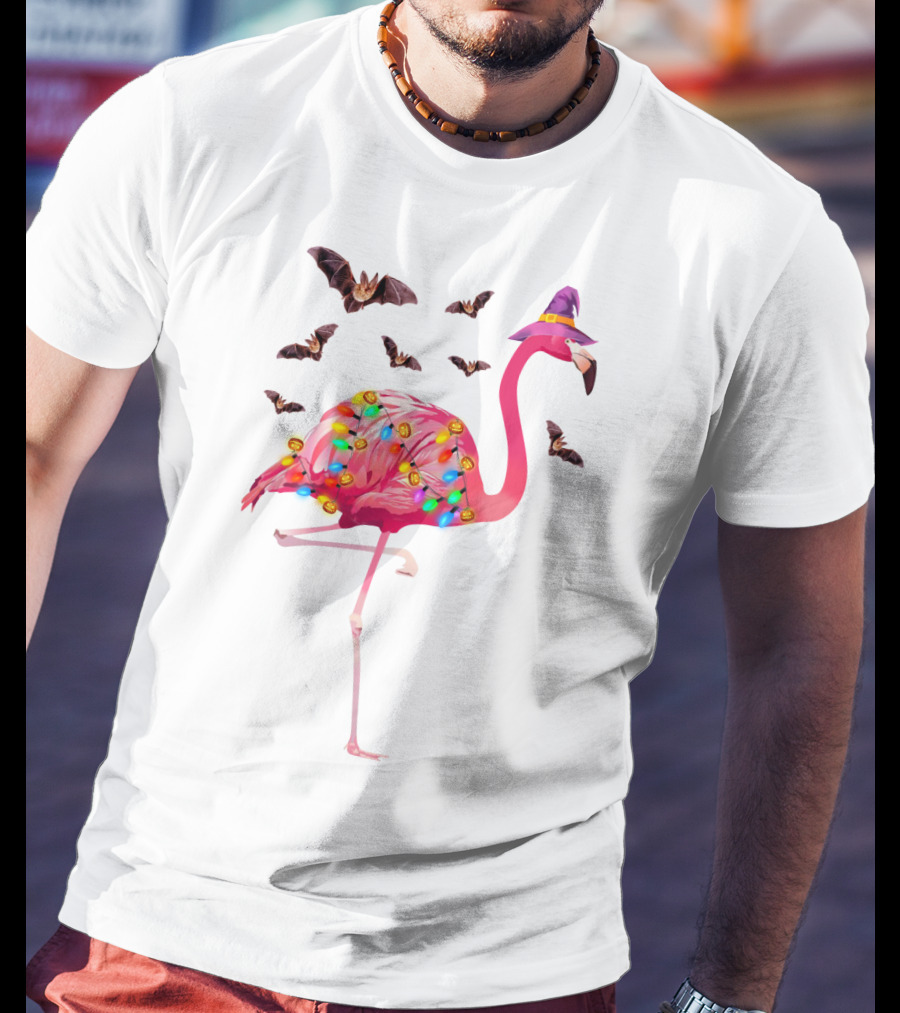 Flamingo In Witch Hat With Halloween Bats And Colorful Lights T-Shirt