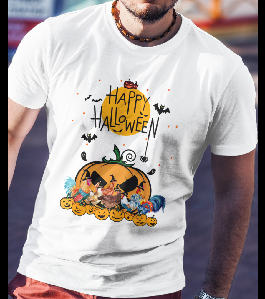 Happy Halloween Chickens With Spooky Pumpkin And Bats T-Shirt