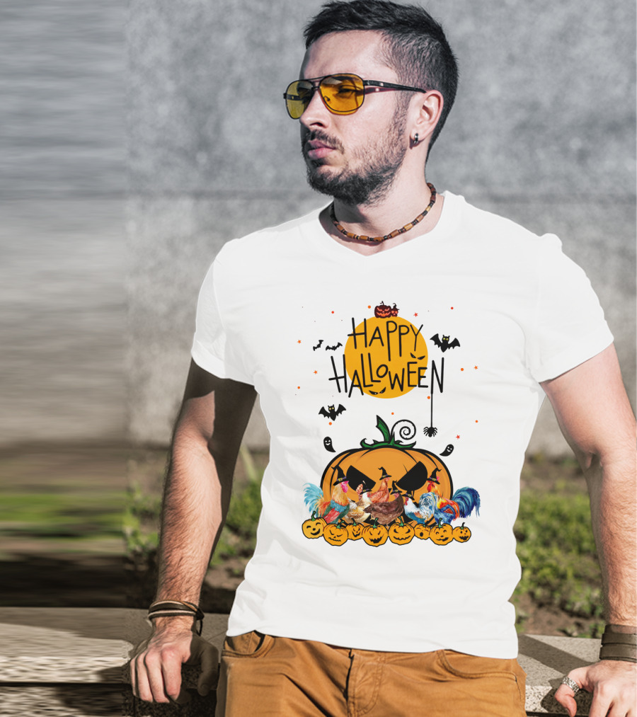 Happy Halloween Chickens With Spooky Pumpkin And Bats T-Shirt