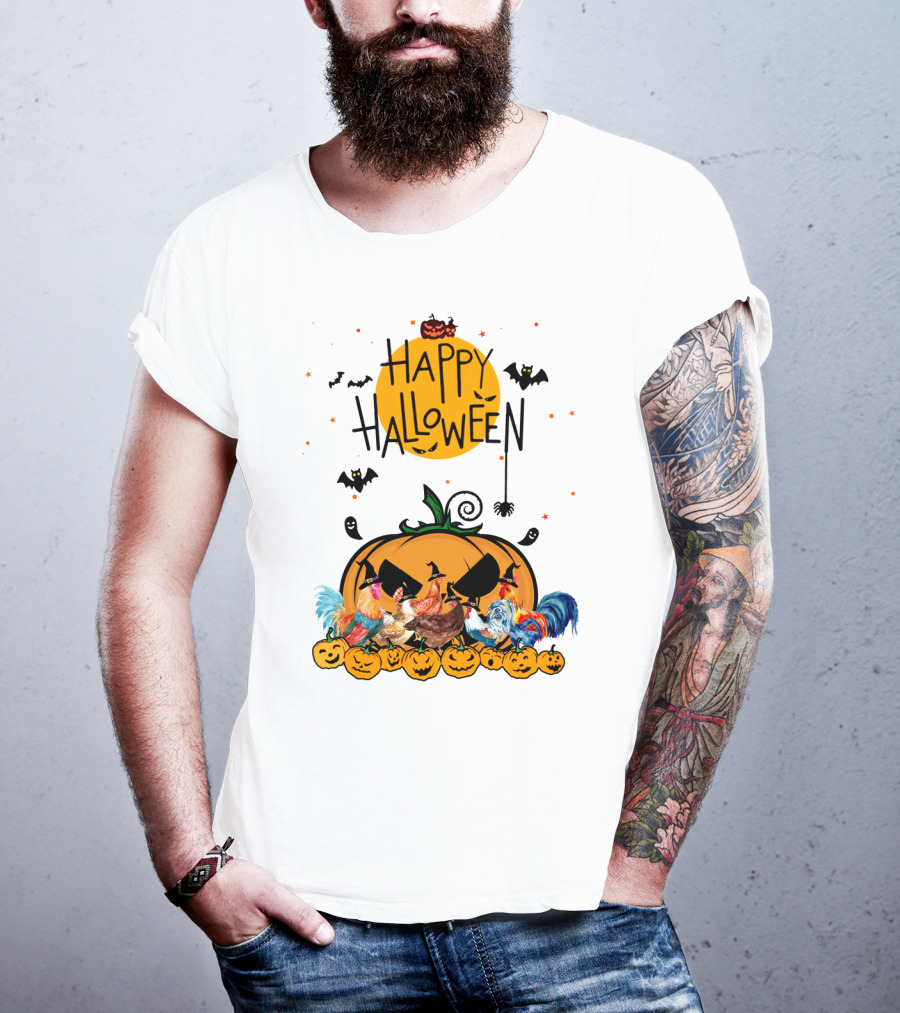 Happy Halloween Chickens With Spooky Pumpkin And Bats T-Shirt