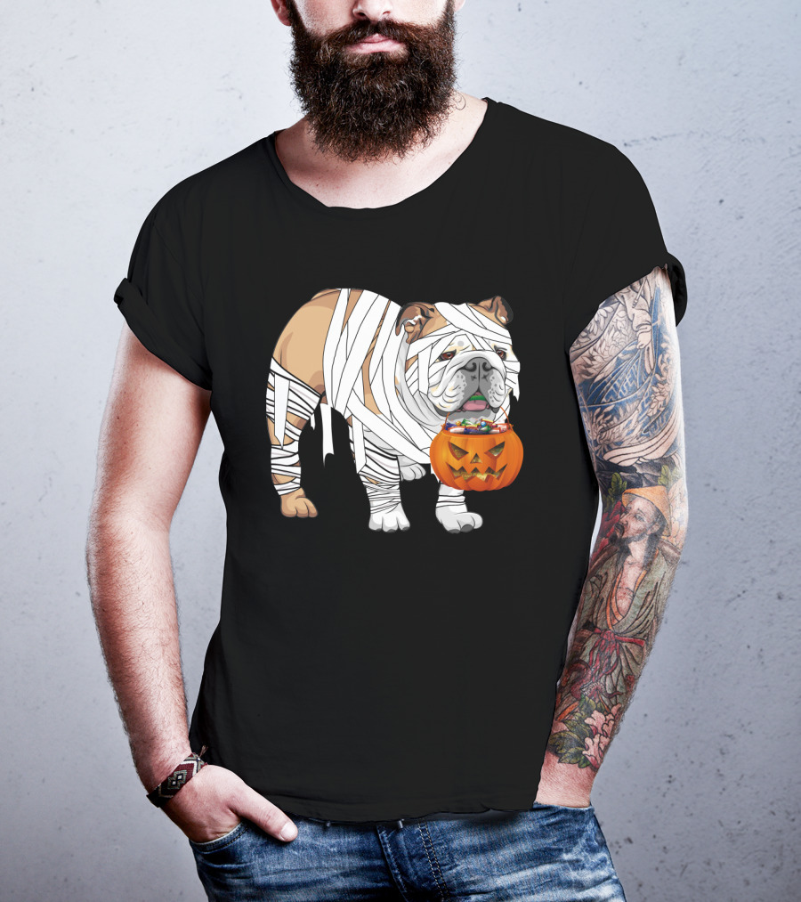 Halloween Bulldog Wrapped As Mummy Holding Pumpkin Candy Bucket T-Shirt