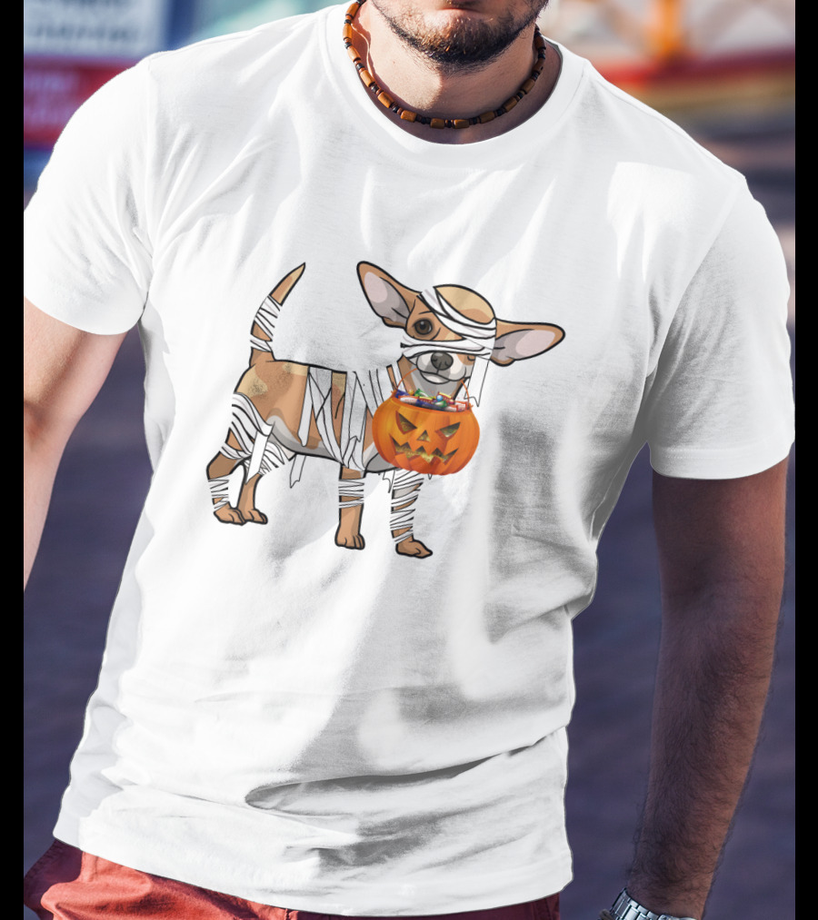 Halloween Wrapped Chihuahua With Pumpkin Bucket T-Shirt