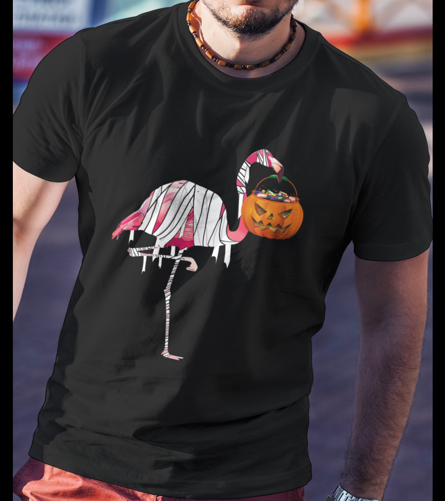 Halloween Pumpkin Mummy Flamingo Holding Candy Jack-o'-Lantern T-Shirt