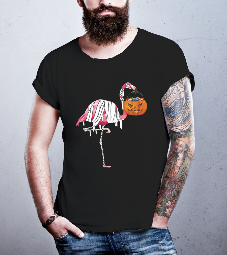 Halloween Pumpkin Mummy Flamingo Holding Candy Jack-o'-Lantern T-Shirt