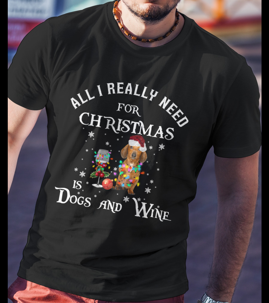All I Really Need For Christmas Is Dogs And Wine Dachshund In Santa Hat With Holiday Decorations And Snowflakes T-Shirt