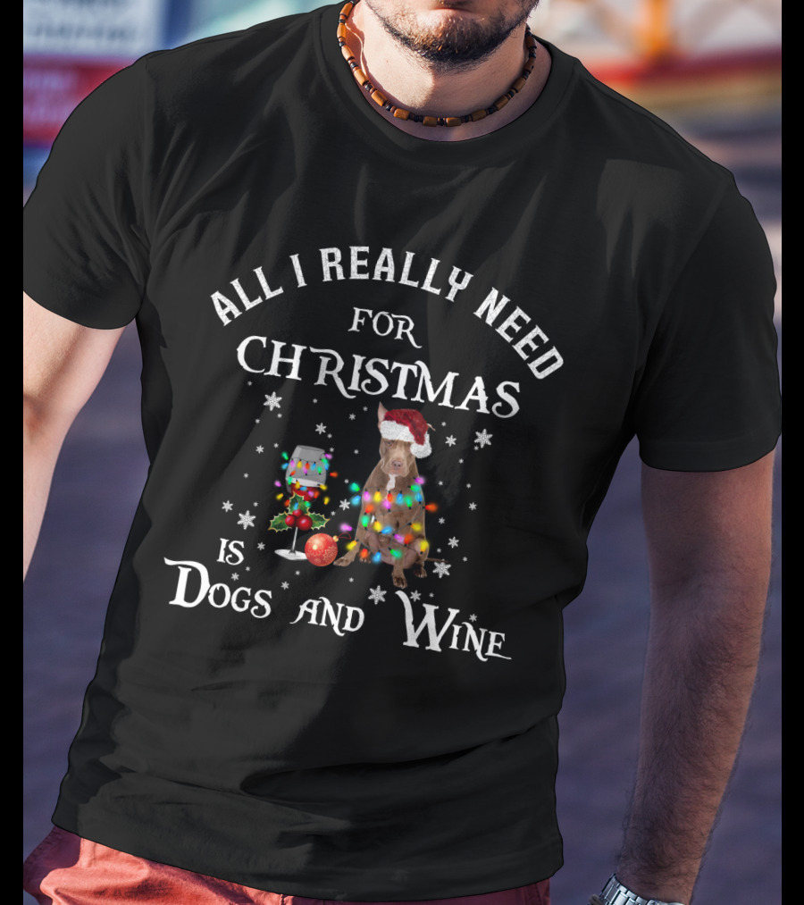 All I Really Need For Christmas Is Dogs And Wine Pitbull With Santa Hat And Holiday Lights T-Shirt