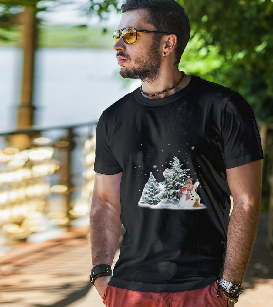 Alpaca Snowman In Winter Forest With Falling Snowflakes T-Shirt