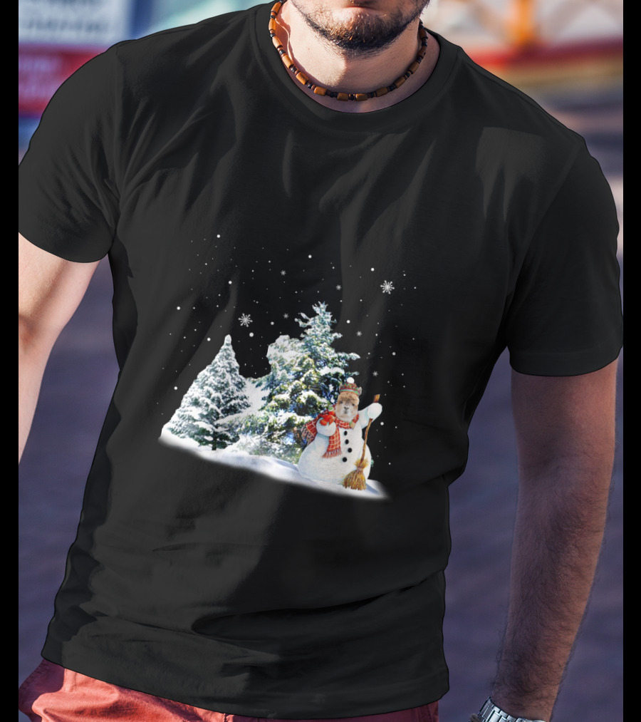 Alpaca Snowman In Winter Forest With Falling Snowflakes T-Shirt