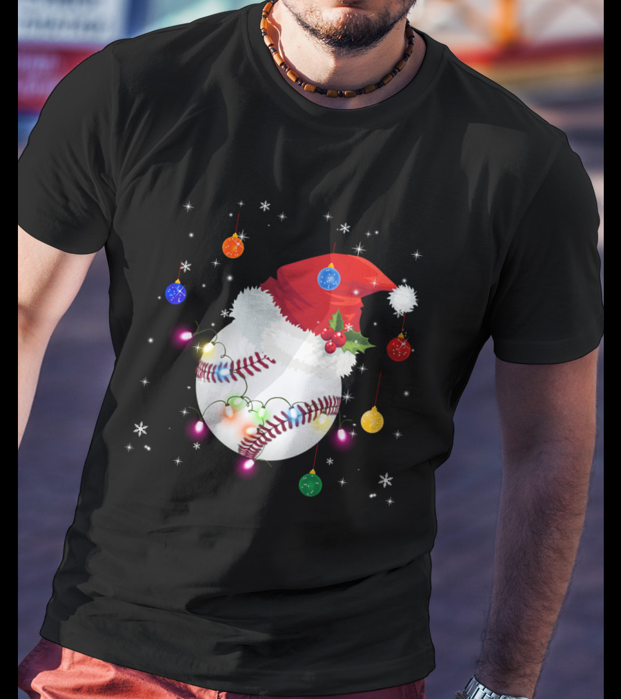 Santa Hat Baseball Christmas Ornaments Holiday Lights Snowflakes T-Shirt