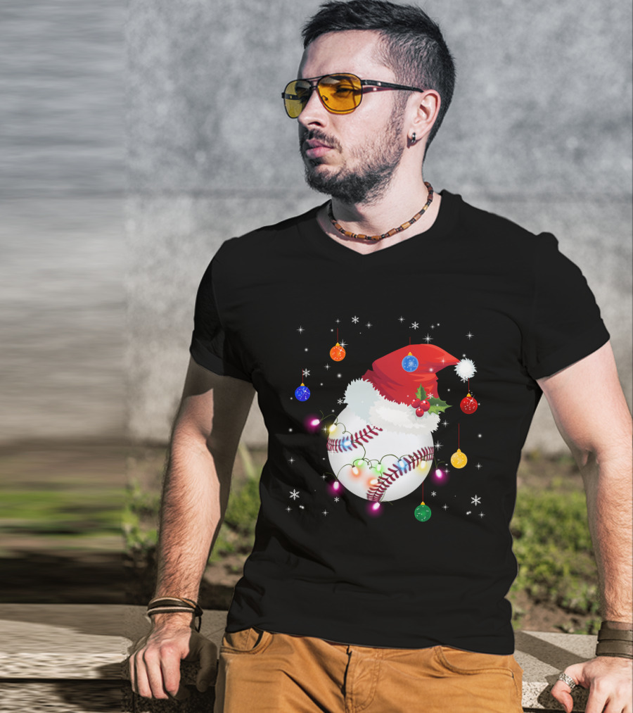 Santa Hat Baseball Christmas Ornaments Holiday Lights Snowflakes T-Shirt
