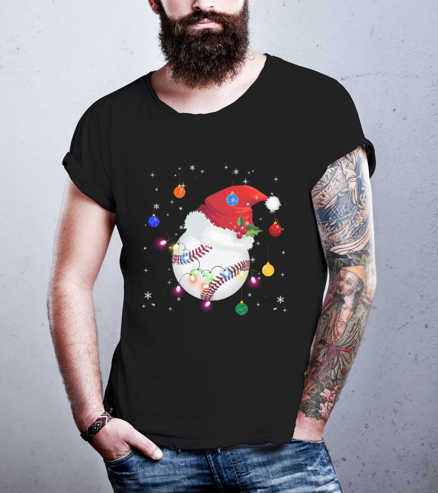 Santa Hat Baseball Christmas Ornaments Holiday Lights Snowflakes T-Shirt