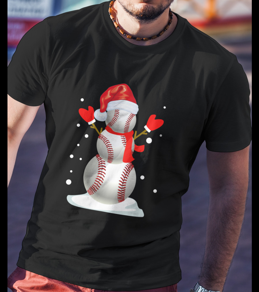 Baseball-Themed Snowman With Santa Hat And Mittens Winter Holiday T-Shirt