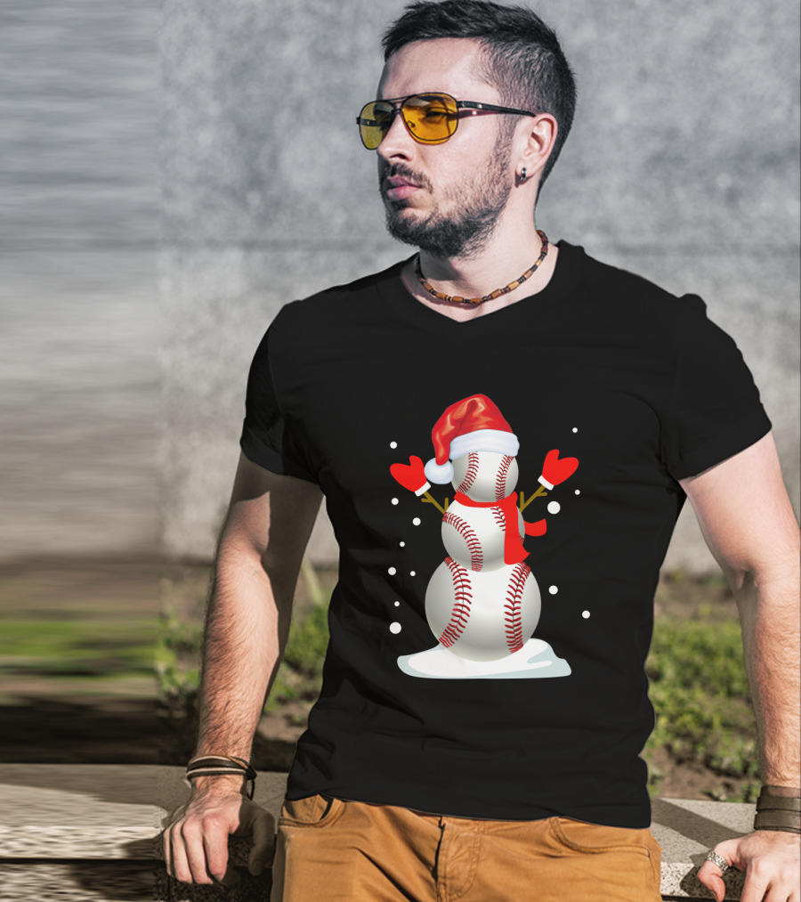 Baseball-Themed Snowman With Santa Hat And Mittens Winter Holiday T-Shirt