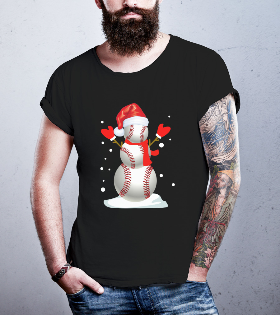 Baseball-Themed Snowman With Santa Hat And Mittens Winter Holiday T-Shirt