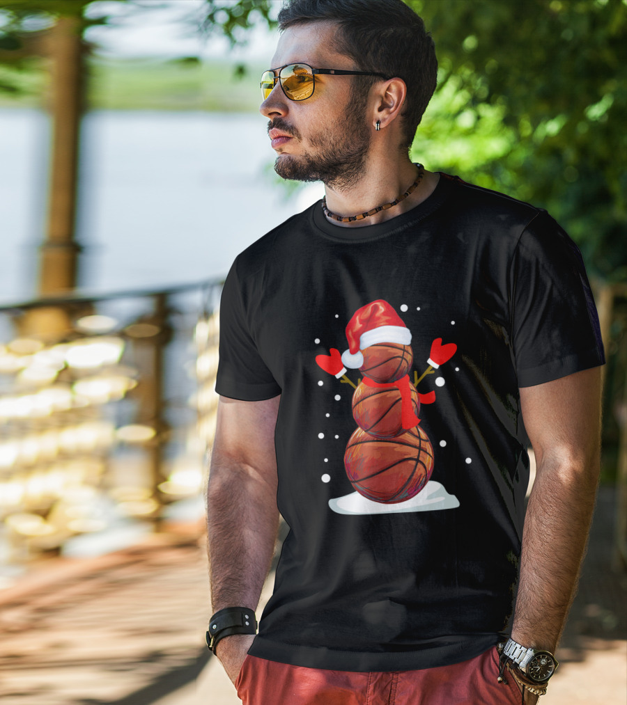 Basketball Snowman With Santa Hat And Red Mittens T-Shirt