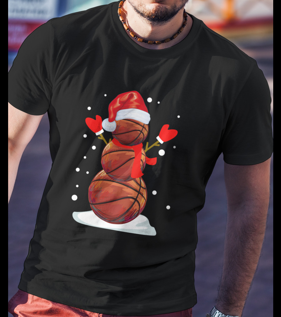 Basketball Snowman With Santa Hat And Red Mittens T-Shirt