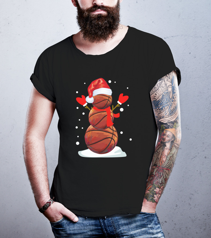Basketball Snowman With Santa Hat And Red Mittens T-Shirt
