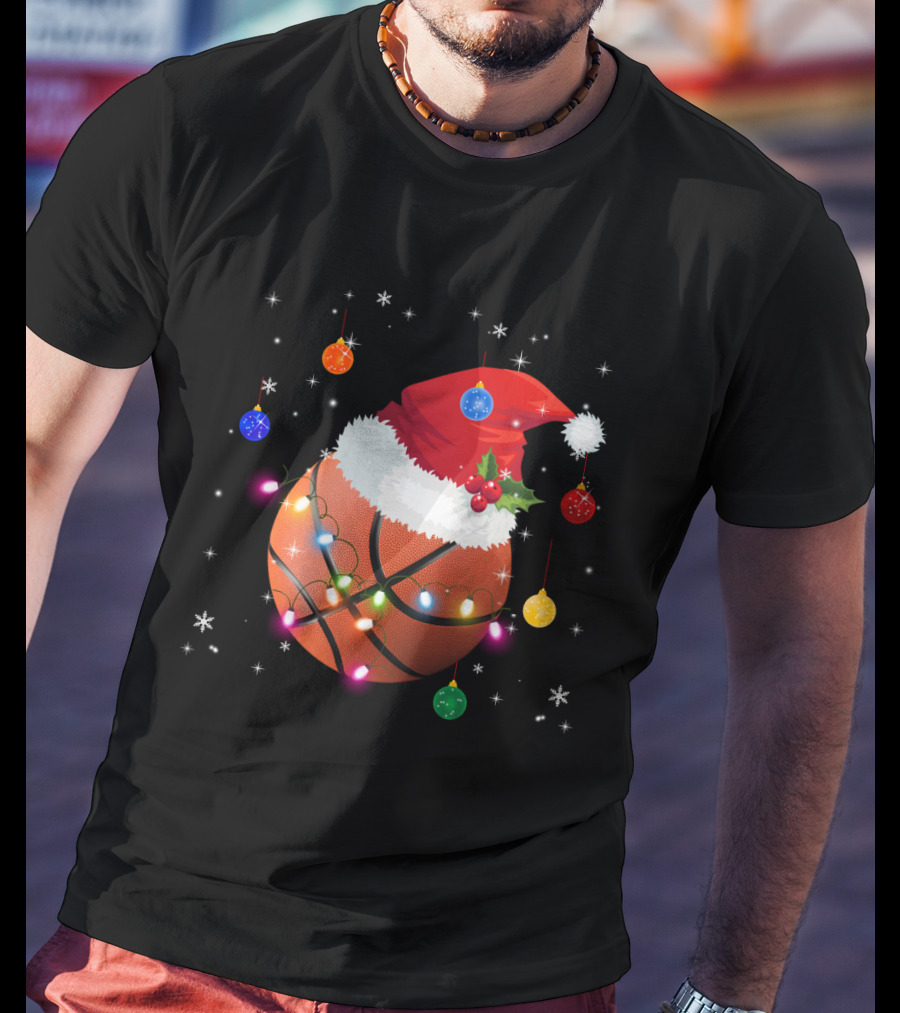 Santa Hat Basketball With Christmas Lights And Ornaments T-Shirt