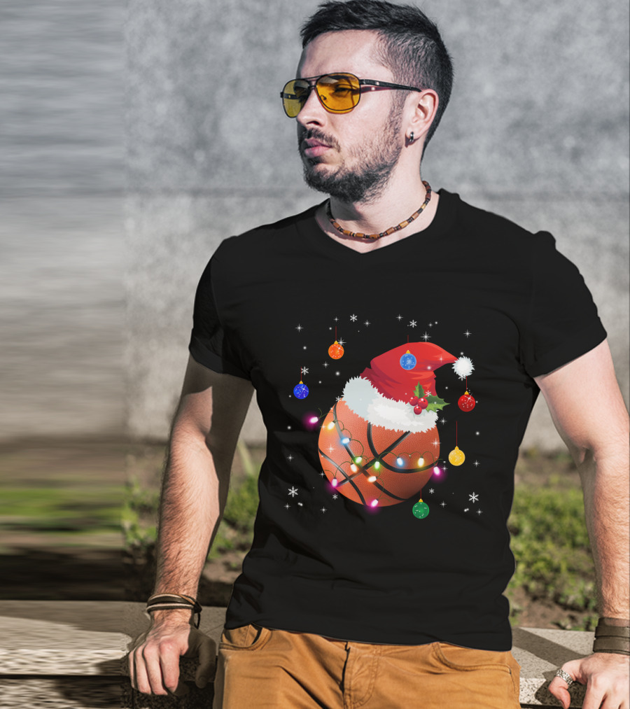 Santa Hat Basketball With Christmas Lights And Ornaments T-Shirt