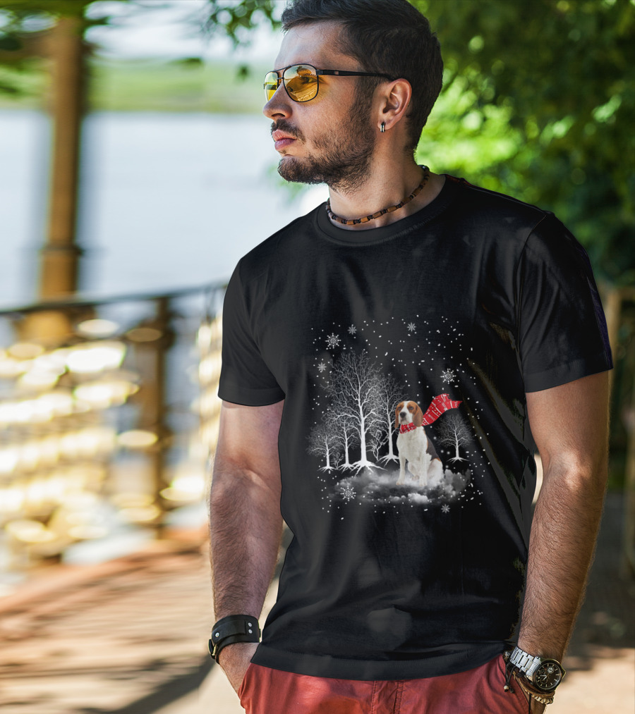 Basset Hound Winter Wonderland Snowy Trees Red Scarf T-Shirt