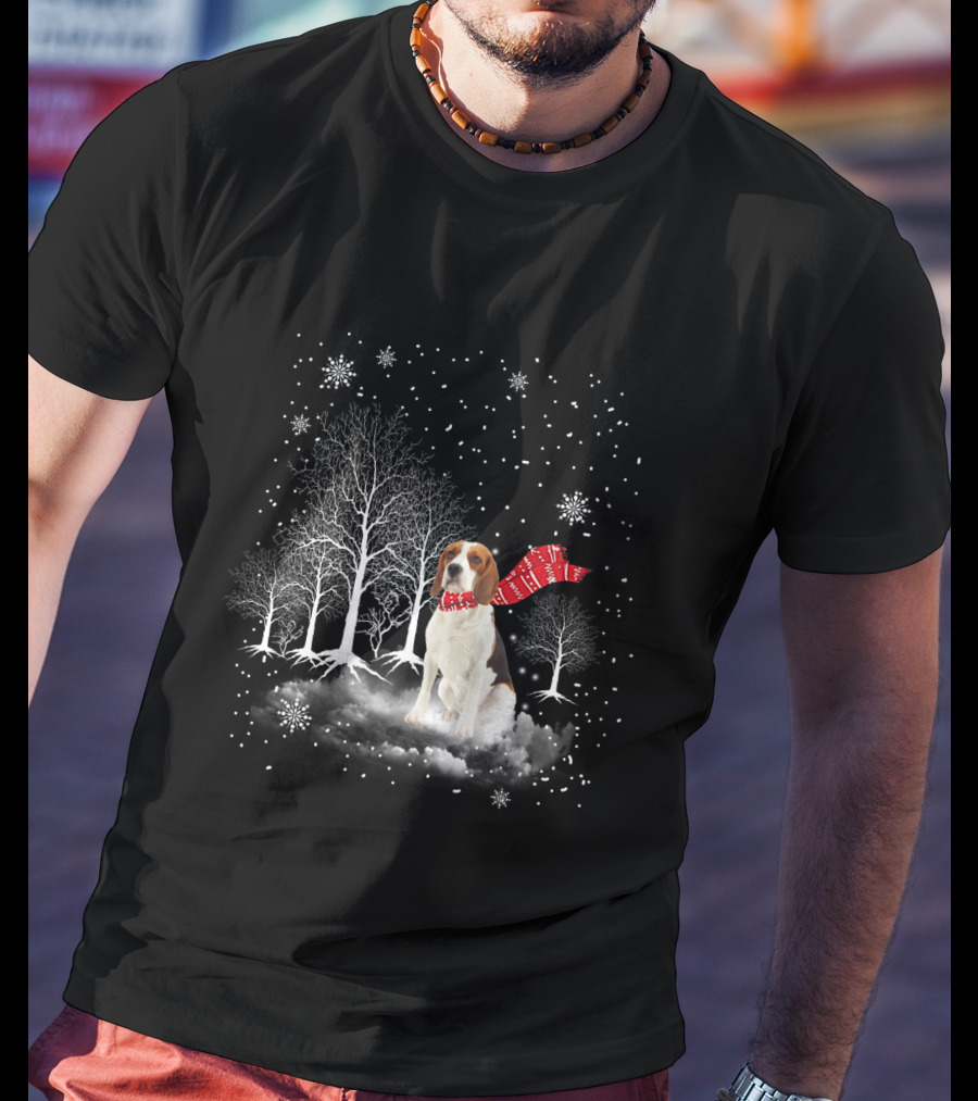 Basset Hound Winter Wonderland Snowy Trees Red Scarf T-Shirt