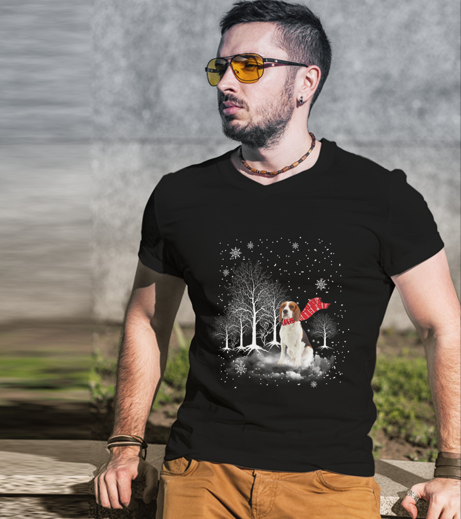 Basset Hound Winter Wonderland Snowy Trees Red Scarf T-Shirt