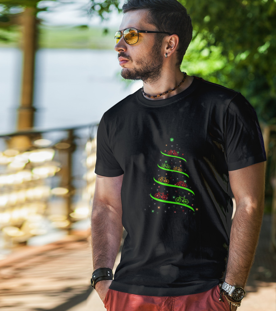Bicycle Holiday Tree Lights With Red Green Yellow Bikes And Stars T-Shirt