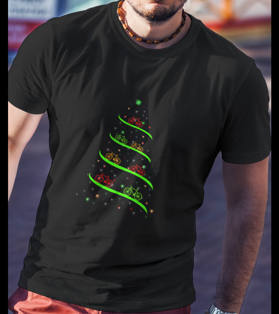 Bicycle Holiday Tree Lights With Red Green Yellow Bikes And Stars T-Shirt