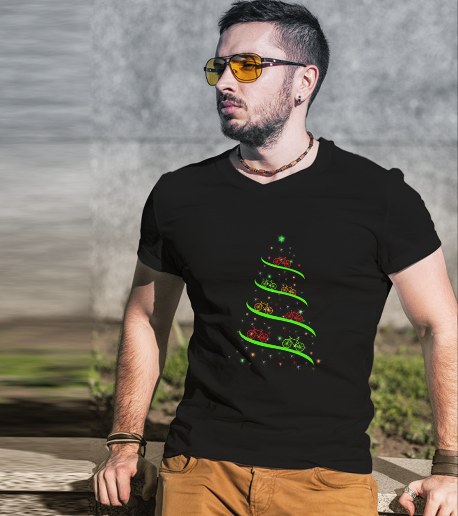 Bicycle Holiday Tree Lights With Red Green Yellow Bikes And Stars T-Shirt