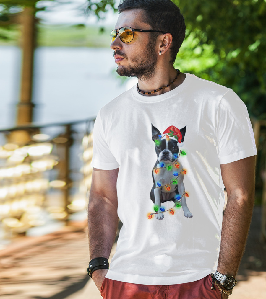 Boston Terrier With Christmas Lights And Santa Hat T-Shirt