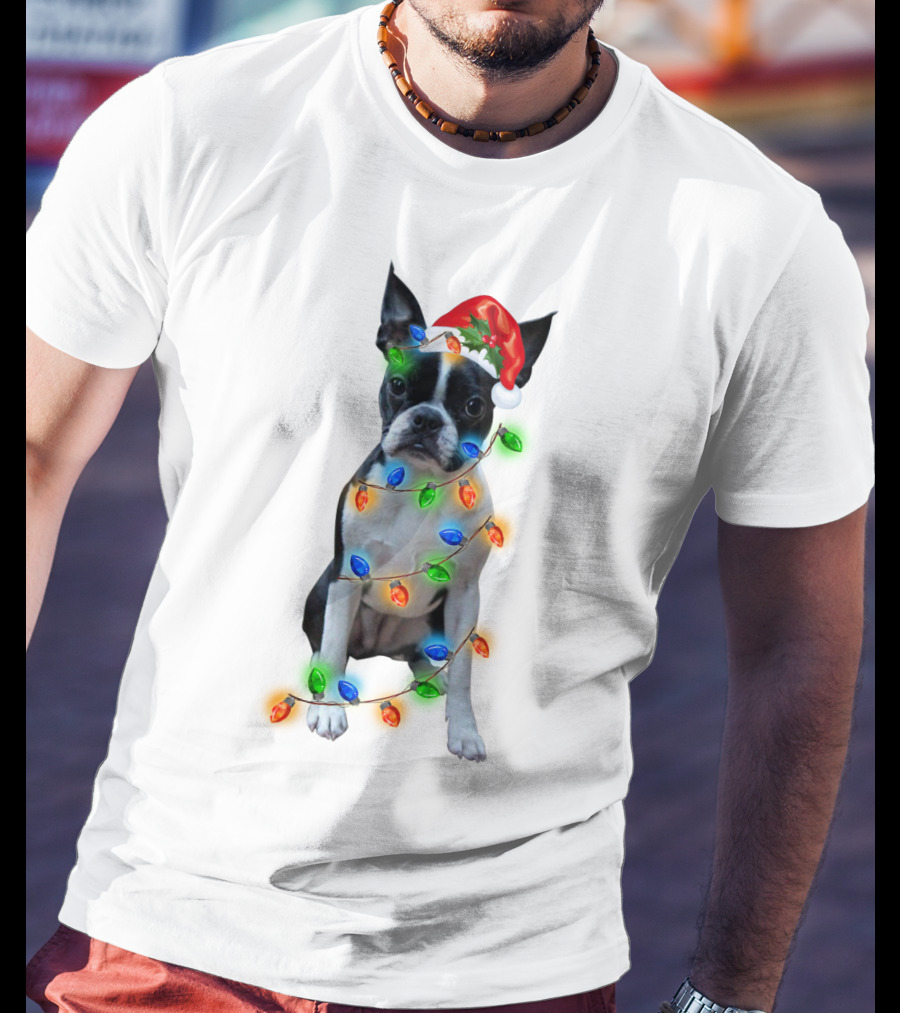 Boston Terrier With Christmas Lights And Santa Hat T-Shirt