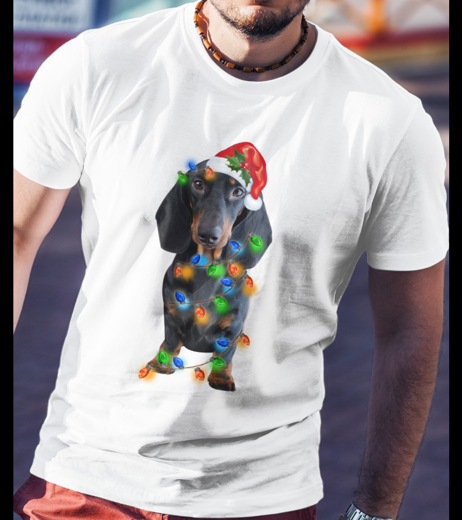 Black Dachshund Wearing Santa Hat And Wrapped In Christmas Lights T-Shirt