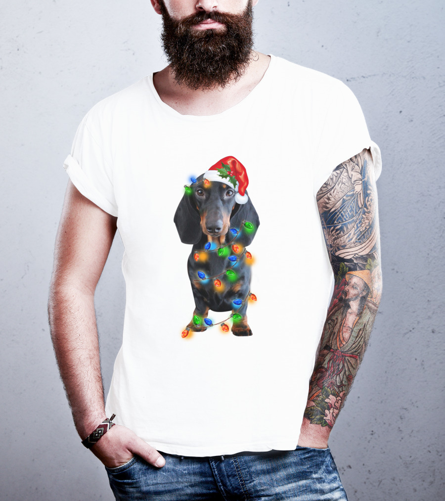 Black Dachshund Wearing Santa Hat And Wrapped In Christmas Lights T-Shirt