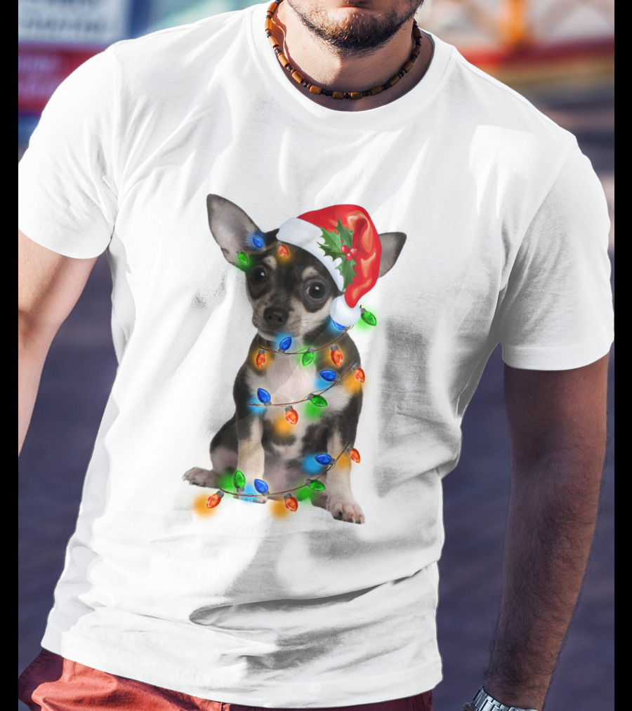 Black Chihuahua Wearing Santa Hat Wrapped In Colorful Christmas Lights T-Shirt