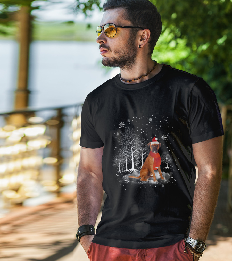 Boxer Dog With Santa Hat And Scarf In Snowy Winter Wonderland Scene T-Shirt