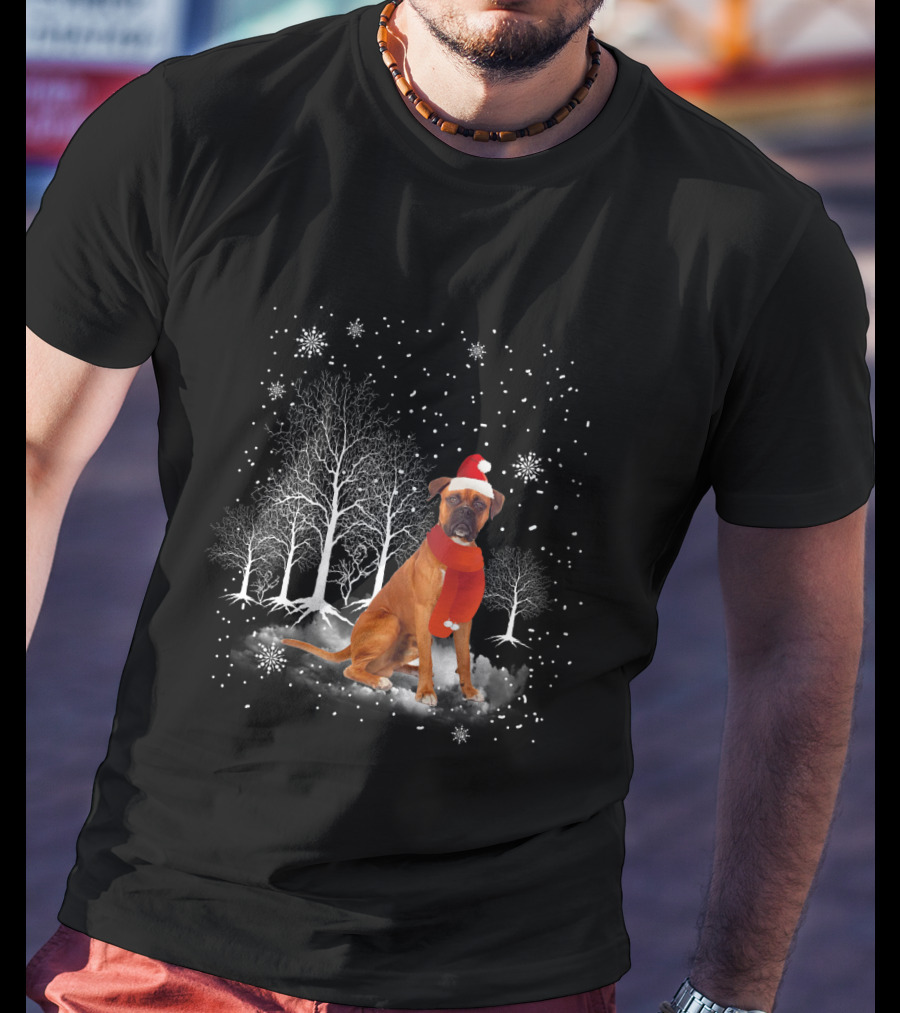 Boxer Dog With Santa Hat And Scarf In Snowy Winter Wonderland Scene T-Shirt